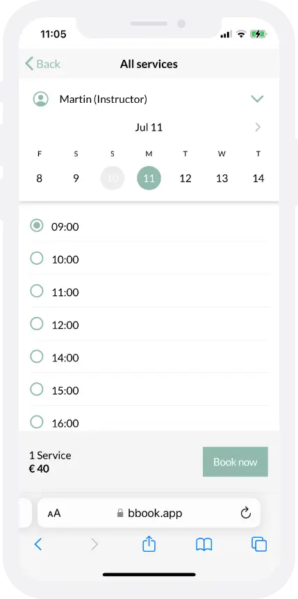 Snapshot of BBook.app's client booking interface. The page showcases intuitive appointment scheduling tools, personalized client profiles, and easy navigation for seamless booking experiences.